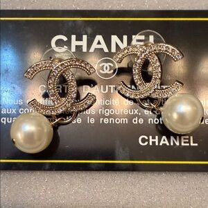 CHANEL Crystal and Pearl Logo Earrings